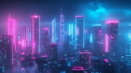 Fototapeta premium Futuristic cyberpunk city skyline with neon lights in pink and blue.