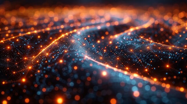 Abstract glowing waves of orange and blue light.