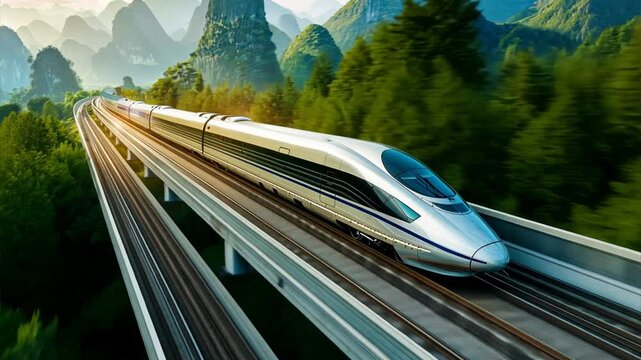 High-Speed Train Through Majestic Mountains: A sleek, silver bullet train speeds through a breathtaking landscape,  with majestic mountains rising in the distance, showcasing the power of modern trans