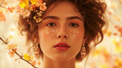 Fototapeta premium Beautiful Woman with Flowers in Hair and Golden Skin