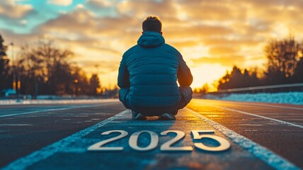 Rear view of a man preparing to run on an athletics track engraved with "2025," symbolizing a fresh start, goals, and success in the new year.

