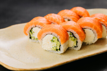 Philadelphia salmon sushi rolls with creamy filling, perfect for Japanese cuisine lovers 