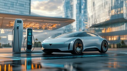 Obraz premium Innovative electric car connected to charging station with future architecture building background. Technological advancement rechargeable EV car using alternative clean and sustainable energy.