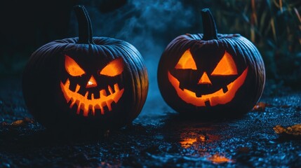 Two glowing jack-o'-lanterns with spooky faces, illuminated in the darkness, with a hint of fog or smoke.