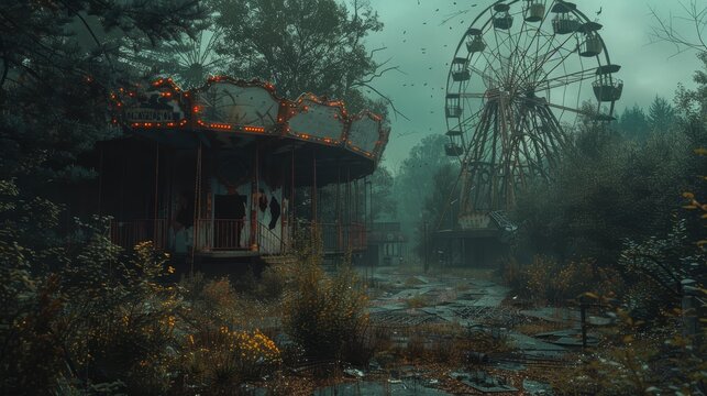 An overgrown, abandoned amusement park with a rusty Ferris wheel and carousel, shrouded in mist.
