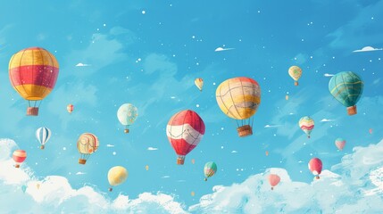 Obraz premium Colorful hot air balloons float against a bright blue sky with fluffy white clouds.