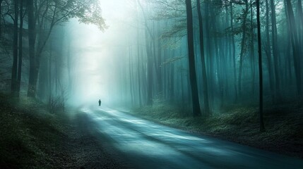 Fototapeta premium Background with abstract dark misty forest scene at dusk with tall trees design for Halloween