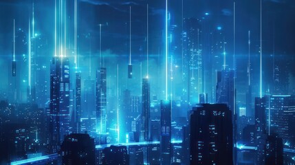 Fototapeta premium A futuristic cityscape illuminated by blue lights and vertical beams, evoking a sci-fi atmosphere.