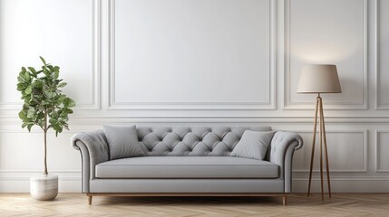 A stylish living room featuring a tufted gray sofa, a potted plant, and a floor lamp.