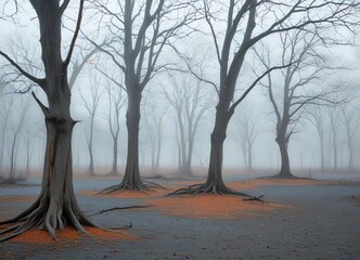 An image of a foggy park in autumn