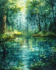 Fototapeta premium Sunlight filters through a lush, green forest, illuminating a tranquil pond and reflecting the beauty of nature.