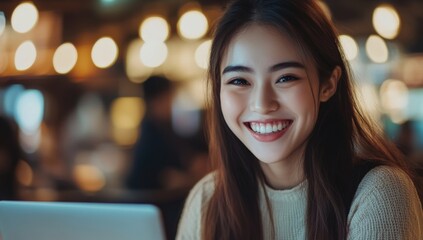 Obraz premium close-up of attractive, smiling young asian woman sitting at her laptop in cafe