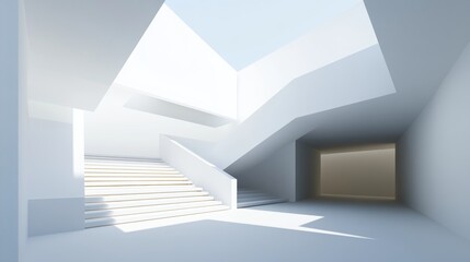 Obraz premium Minimalistic modern white interior with sunlight shining through, creating clean lines and geometric shapes.