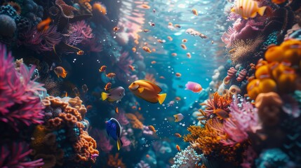 Obraz premium Vibrant coral reef teeming with colorful fish, a breathtaking underwater paradise.