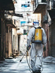 Desinfektion in der Stadt: Mann mit Pestizid-Rucksack bek&auml;mpft Viren. Hygiene-Ma&szlig;nahme im &ouml;ffentlichen Raum. Pandemie-Pr&auml;vention. Gesundheitsschutz im urbanen Umfeld