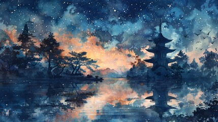 Obraz premium Watercolor painting of a starry night sky over a serene lake and forest, with silhouetted trees reflected in the water.