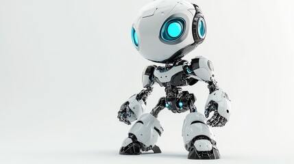A small, white robot with big blue eyes and articulated limbs stands against a white background.