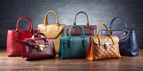 Luxurious designer handbags in vibrant hues and sumptuous textures adorn a neutral background, exuding elegance and