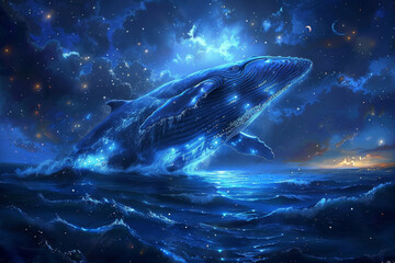 Fototapeta premium A magnificent blue whale, silhouetted against a starry sky, breaches the ocean's surface, displaying swirling patterns of bioluminescent animals.