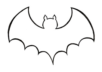 Bat silhouette. Line drawing with black outline. Isolated on white background. Different thickness of lines, rounded shapes. Stylization. Symbol. Halloween. Doodle.