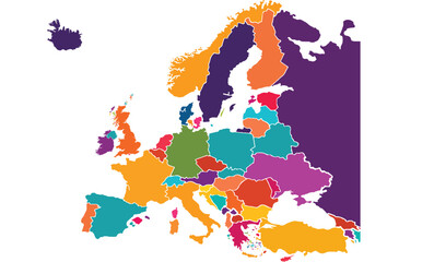Europe map on white background. All countries in Europe different colors. Can use for printing, website, presentation element, textile. World map vector illustration, high-resolution, travel.