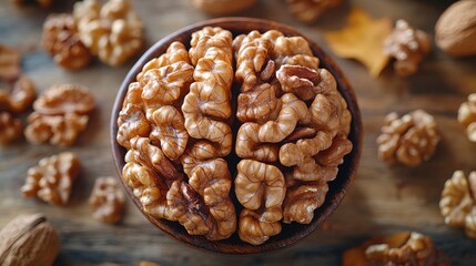 Close-Up of Unique Walnuts Resembling Human Brain on Rustic Wooden Surface for Creative Culinary Illustrations