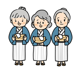 浴衣を着た三人の高齢女性
