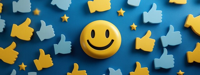 A smiley face emoji in the center of thumbs-up and star symbols, representing positive customer feedback and social media engagement.
