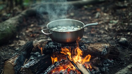 cooking over a campfire in a pot
