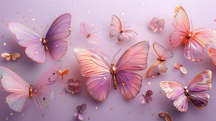 A delicate and enchanting arrangement of pastel pink and purple butterflies  in different sizes and poses.