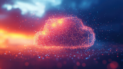 A vibrant digital cloud composed of interconnected lines and glowing particles, set against colorful background. This abstract representation evokes sense of innovation and technology