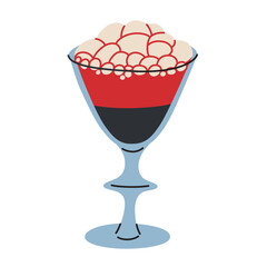 Red cocktail drink for halloween party, vector illustration of bubbling witch brew in fancy drinking glass, spooky margarita or martini for gothic celebrations, autumn bar menu,colored clipart