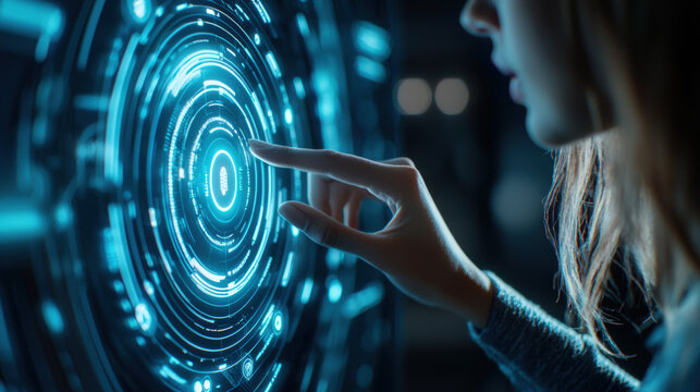 A close up of womans hand touching holographic interface, showcasing advanced technology and digital interaction. scene conveys sense of wonder and innovation