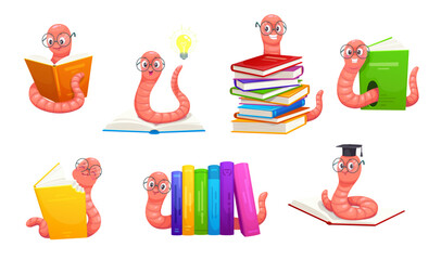 Cartoon cute bookworm characters in eyeglasses. Funny book worm animals vector set. Adorable smart larva personages reading, bite textbook cover, wearing mortarboard hat, having great idea light bulb