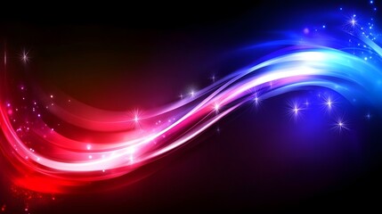 Fototapeta premium Abstract Red and Blue Glowing Waves with Stars on Black Background
