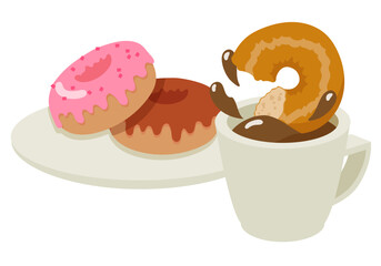 勢い良くコーヒーに浸すかじりかけのドーナツと皿に盛った二つのドーナツのベクターイラストレーション