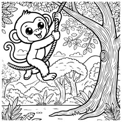 Naklejka premium Coloring page of a naughty cartoon monkey hunting a vine under the big tree in the forest - funny natural sense black and white illustration