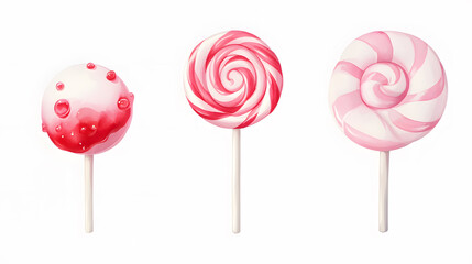 Lollipop with spiral pink colors, twisted sucker candy on stick watercolor collection isolated on white background
