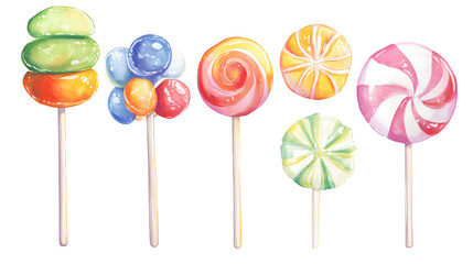 Lollipop with spiral colors, twisted sucker candy on stick watercolor collection isolated on white background