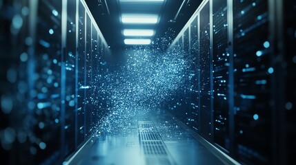 Blue particles floating in a server room aisle.