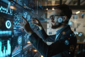 Holographic projection of a financial advisor interacting with a digital dashboard, representing AI-driven solutions for personal finance and budgeting