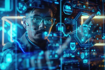 A holographic financial advisor with a digital interface showing financial data and trends, emphasizing the role of AI in personal finance management