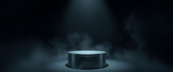 A circular stage illuminated by overhead light, surrounded by dark mist for a dramatic performance atmosphere