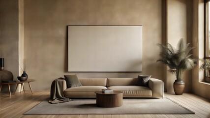 Blank white wall poster template in monochrome beige interior.Mockup blank for your design,illustrations,photos