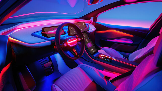 car interior dashboard blue neon lighting technology modern design futuristic luxury electric stylish seat control panel vehicle comfort ambiance aesthetic driving 