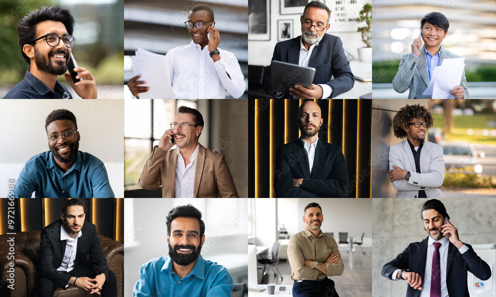 Poster A variety of professionals from different backgrounds are engaged in communication, each using different devices. They appear focused and productive in modern office settings