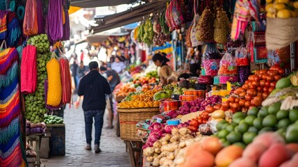 A bright, colorful market scene with stalls filled with vibrant produce, textiles, and decorations, exuding life and energy