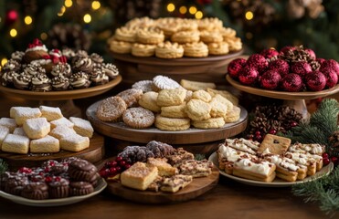 Fototapeta premium Festive cookies and pastries beautifully arranged on plates with Christmas decorations and warm lighting