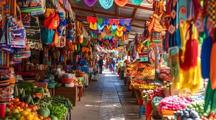 Fototapeta premium A bright, colorful market scene with stalls filled with vibrant produce, textiles, and decorations, exuding life and energy
