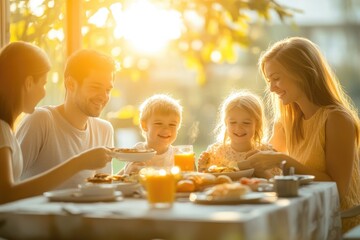 Family having breakfast together with morning light, Monday morning, family bonding